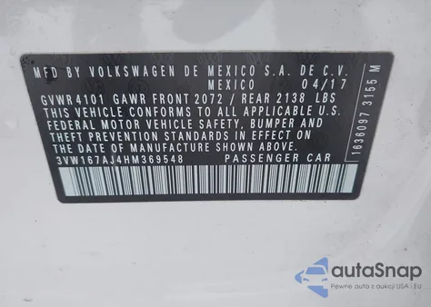 2017 Volkswagen Jetta 1.4T S z USA, uszkodzony, nr VIN 3VW167AJ4HM369548